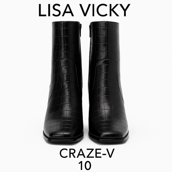 Lisa Vicky Craze-V Black Croco PU Block Heel Boots - Picture 1 of 7